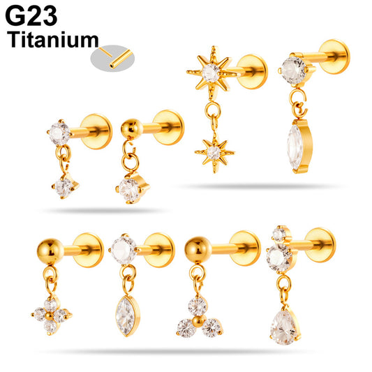 Implant Grade ASTM F136 Titanium Threadless Push Pin Sun Zircon Flat Back Stud | Geometric Helix Cartilage Tragus Lip Piercing Jewelry