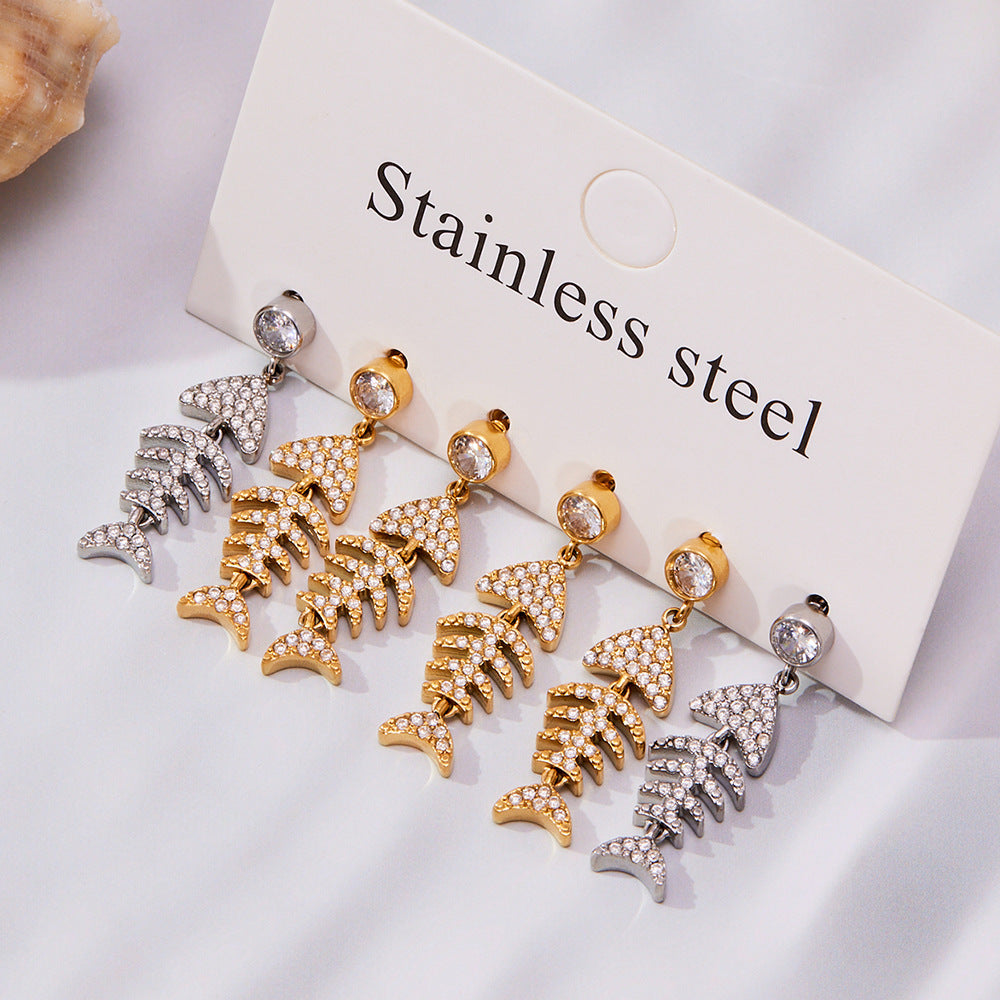 Stainless Steel Fishbone Drop Earrings & Ear Cuff Set – Modern Minimalist Statement Jewelry | WANTI