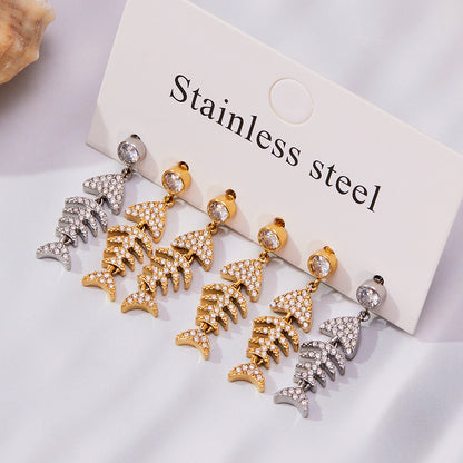 Stainless Steel Fishbone Drop Earrings & Ear Cuff Set – Modern Minimalist Statement Jewelry | WANTI