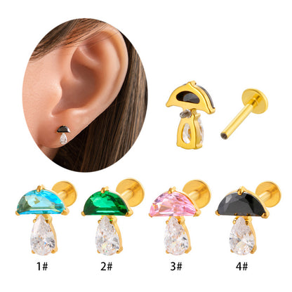 F136 Titanium Waterdrop Zircon Mushroom Labret Stud | Internally Threaded Cartilage Piercing Jewelry in Gold & Silver