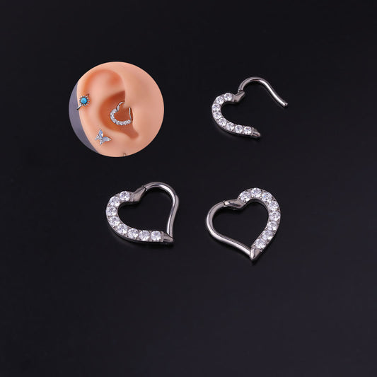 Implant Grade G23 ASTM F136 Titanium Heart Daith Clicker Earring | 16G CZ Hinged Hoop Piercing