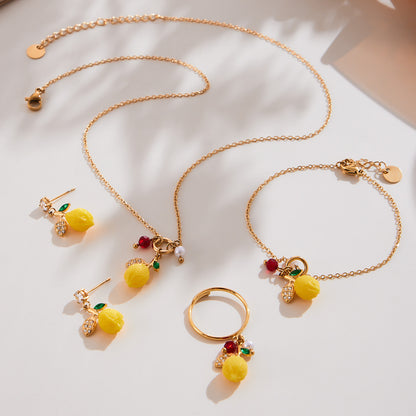 Stainless Steel Resin Lemon Zircon Pendant Necklace, Earrings, Bracelet & Ring Jewelry Set