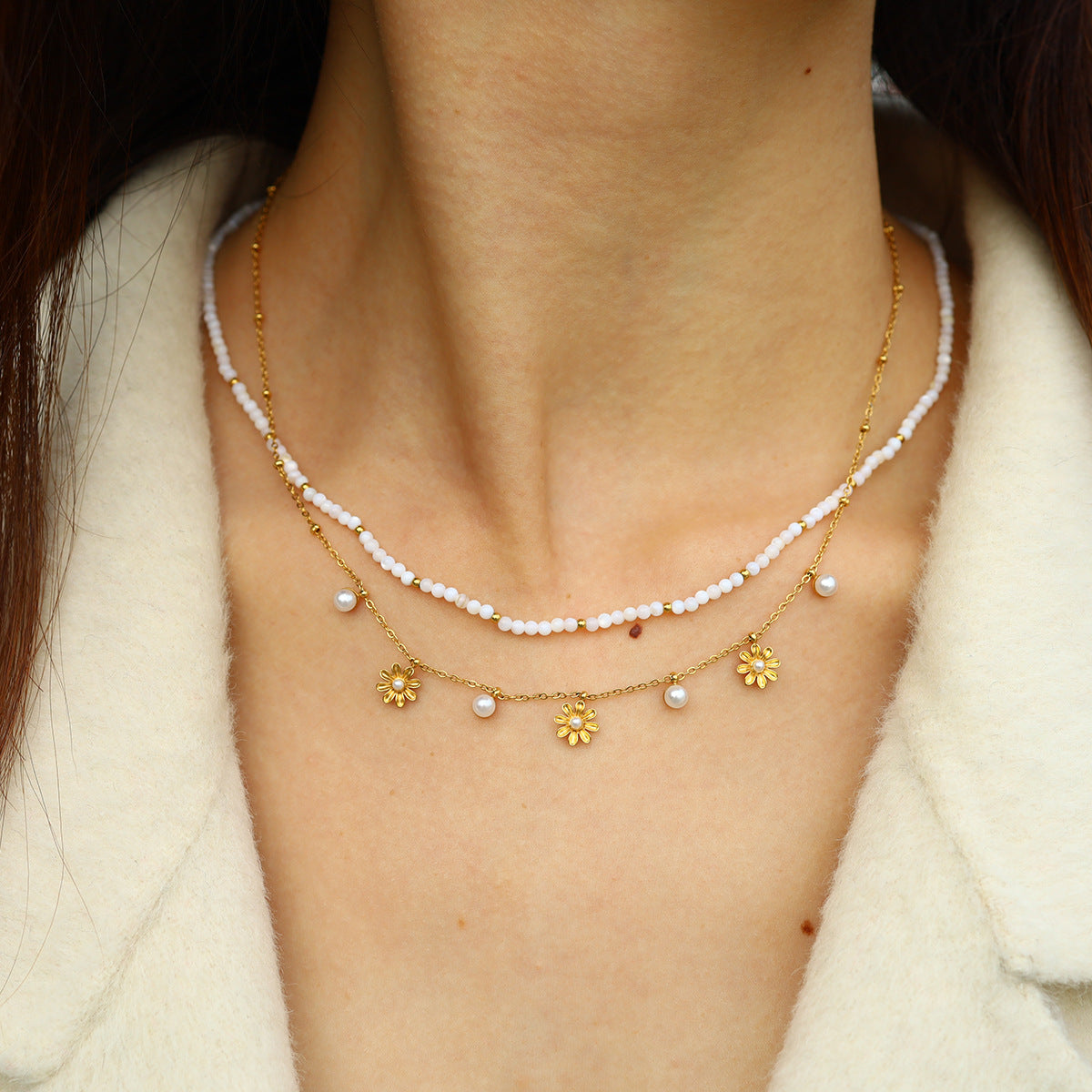 18K Gold Plated Titanium Steel Pearl & Shell Beaded Flower Pendant Necklace | Elegant Fashion Jewelry