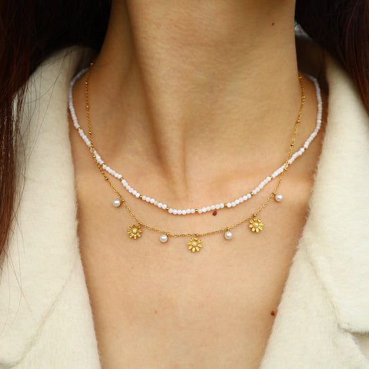 18K Gold Plated Titanium Steel Pearl & Shell Beaded Flower Pendant Necklace | Elegant Fashion Jewelry