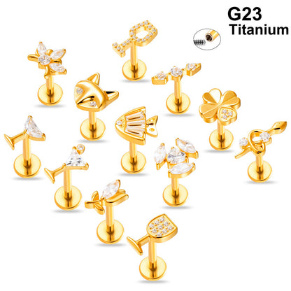 G23/F136 Titanium Fox, Wine Glass, Clover, Fish Internally Threaded Labret & Cartilage Piercing Jewelry