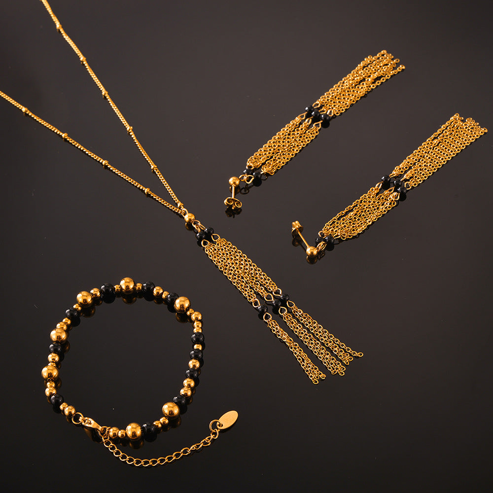 Vintage Black Onyx Tassel Jewelry Set – Stainless Steel Necklace & Earrings | Retro Elegant Fashion Jewelry | Hypoallergenic Gift Set