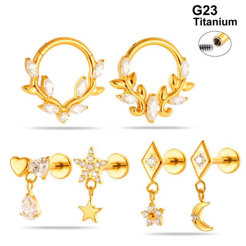 G23/F136 Titanium Star & Teardrop Dangle Flat Back Internally Threaded Labret Studs | Hypoallergenic Piercing Jewelry for Lip, Ear, Cartilage
