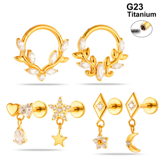 G23/F136 Titanium Star & Teardrop Dangle Flat Back Internally Threaded Labret Studs | Hypoallergenic Piercing Jewelry for Lip, Ear, Cartilage