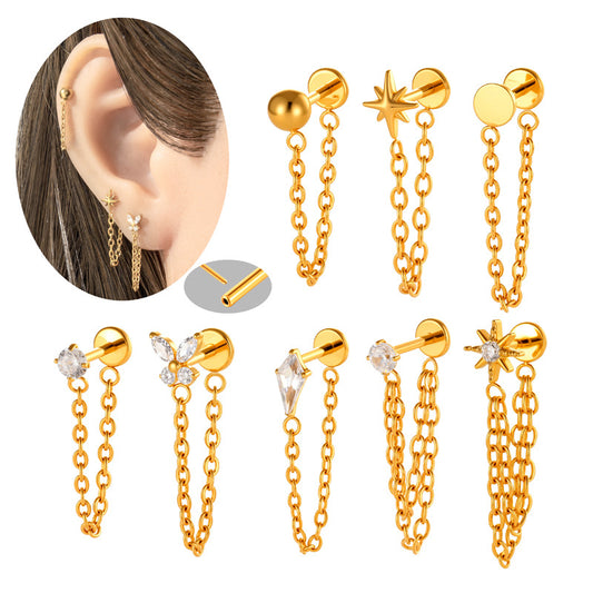 Implant Grade G23 ASTM F136 Titanium Geometric Tassel Chain Ear Stud | Push Pin Flat Back 16G Cartilage Jewelry
