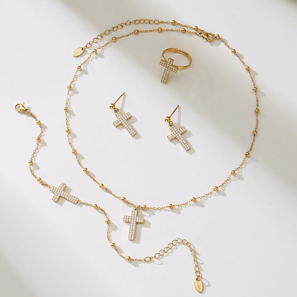 Gold Stainless Steel Cross Zirconia Necklace, Bracelet, Earrings & Ring | Minimalist Cross Jewelry Set