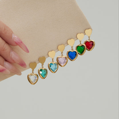 Sparkling Heart Glass Necklace & Earrings Set – Colorful Long Pendant Chain · Stainless Steel Hypoallergenic Jewelry