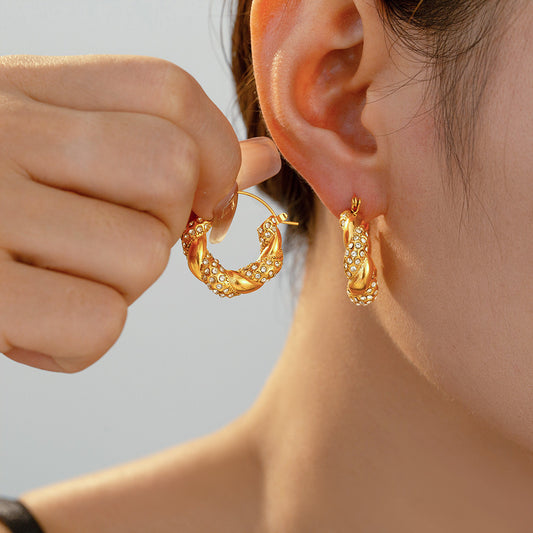 U-Shaped Stainless Steel Twisted Rhinestone Hoop Earrings | Modern Elegant Fashion Jewelry