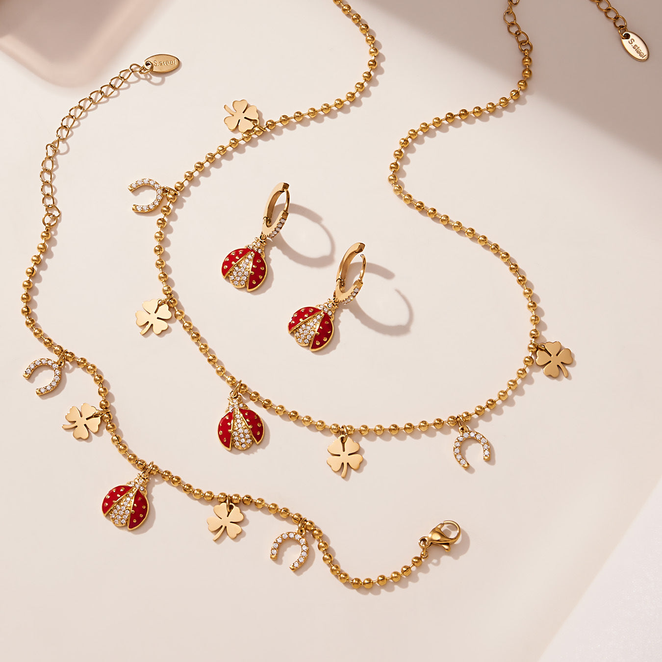Ladybug Pendant Necklace & Earrings Bracelet Anklet Set – Stainless Steel Cute Lucky Beetle Jewelry