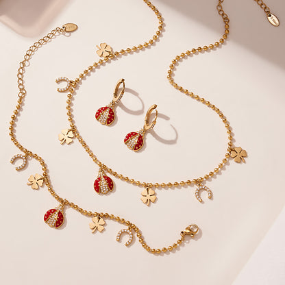 Ladybug Pendant Necklace & Earrings Bracelet Anklet Set – Stainless Steel Cute Lucky Beetle Jewelry