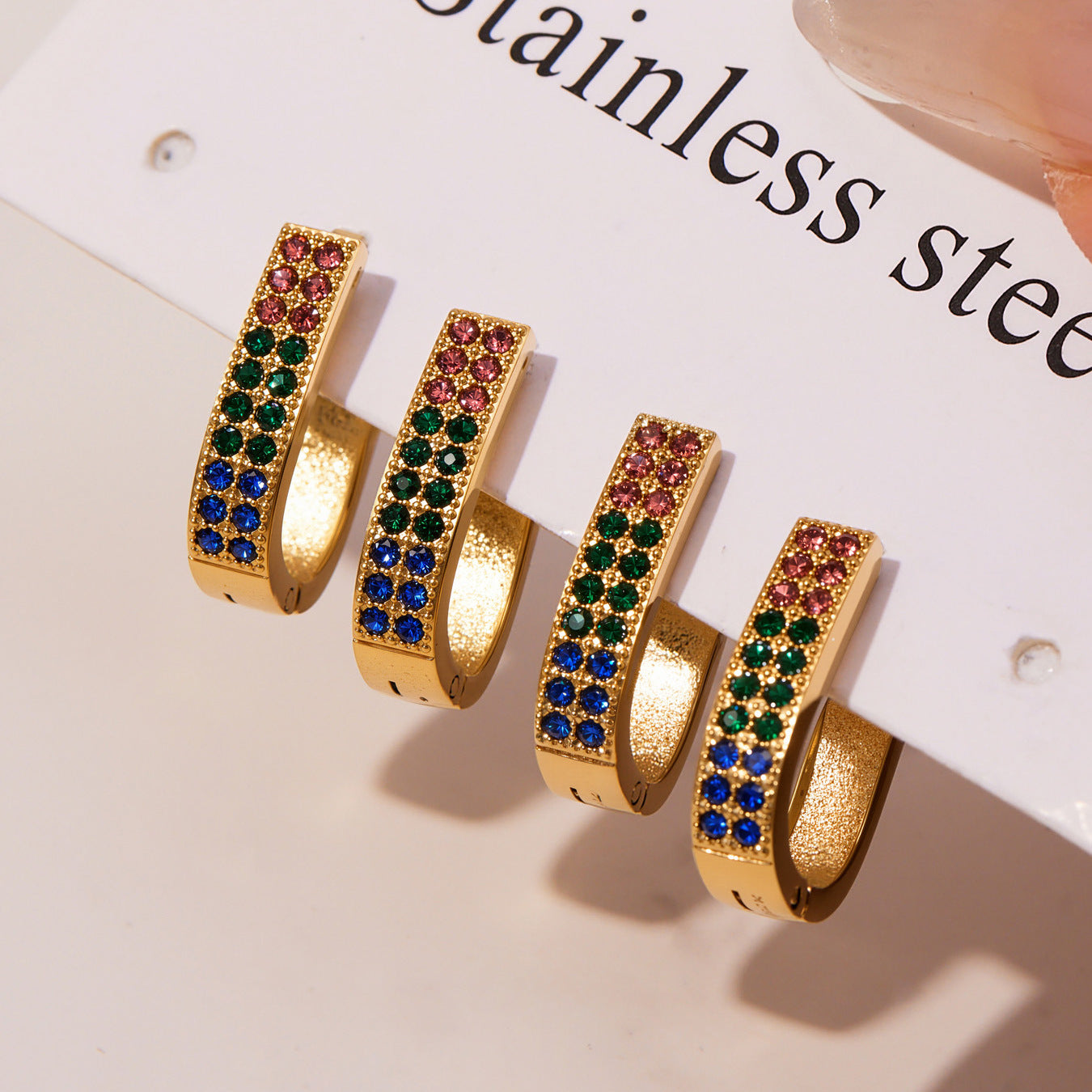 U-Shaped Geometric Zircon Earrings | Stainless Steel Micro Paved Colorful Hoop Earrings | Minimalist Modern Fashion Jewelry