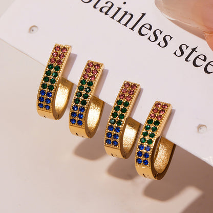 U-Shaped Geometric Zircon Earrings | Stainless Steel Micro Paved Colorful Hoop Earrings | Minimalist Modern Fashion Jewelry
