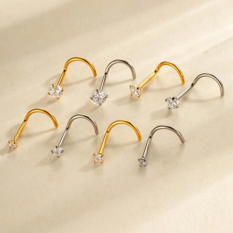 G23 Titanium Nose Stud with Zircon | F136 S-Bar Internally Threaded Nose Piercing Jewelry