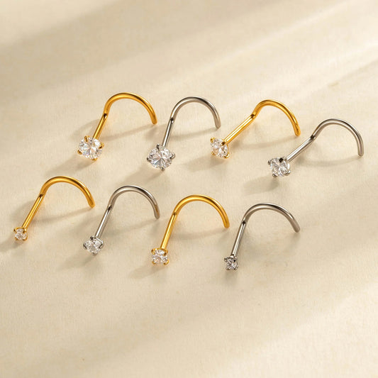 G23 Titanium Nose Stud with Zircon | F136 S-Bar Internally Threaded Nose Piercing Jewelry