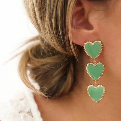 Retro Green Enamel Heart Tassel Drop Earrings – Long Stainless Steel Statement Earrings | WANTI Jewelry