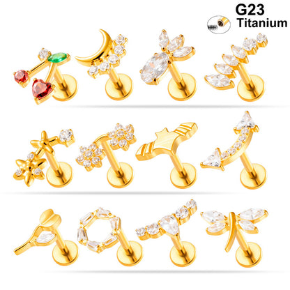 G23/F136 Titanium Zircon-Set Cherry, Dragonfly, Cherry Blossom, Bat, Leaf Internal Thread Lip & Cartilage Piercing Jewelry