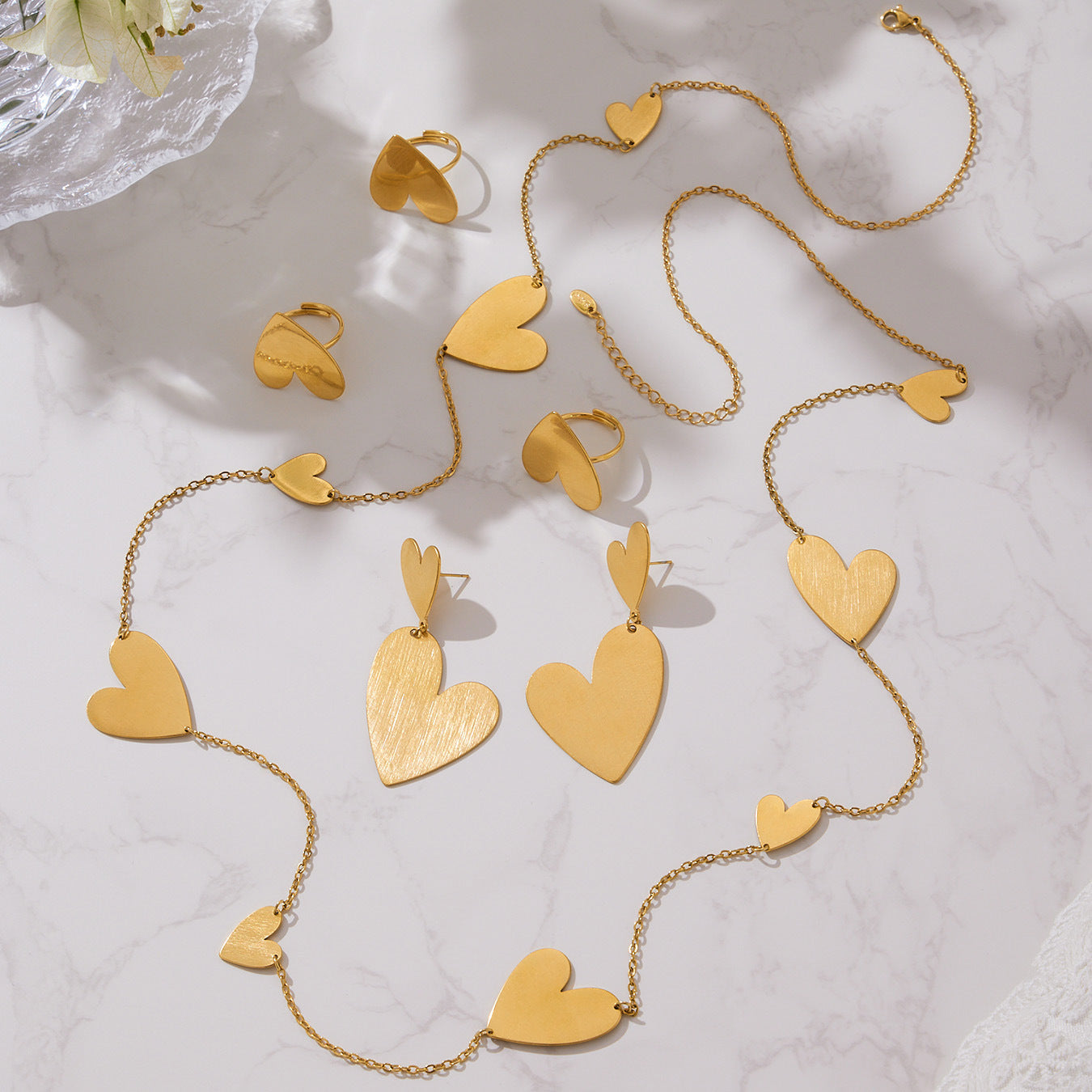 Stainless Steel Heart Sweater Chain Jewelry Set – Long Heart Necklace + Heart Earrings + Heart Ring | Fashion Gift Set