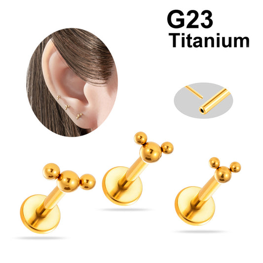 ASTM F136 Titanium Triple Bead Threadless Labret Stud – Push Pin Flat Back Cartilage & Lip Piercing