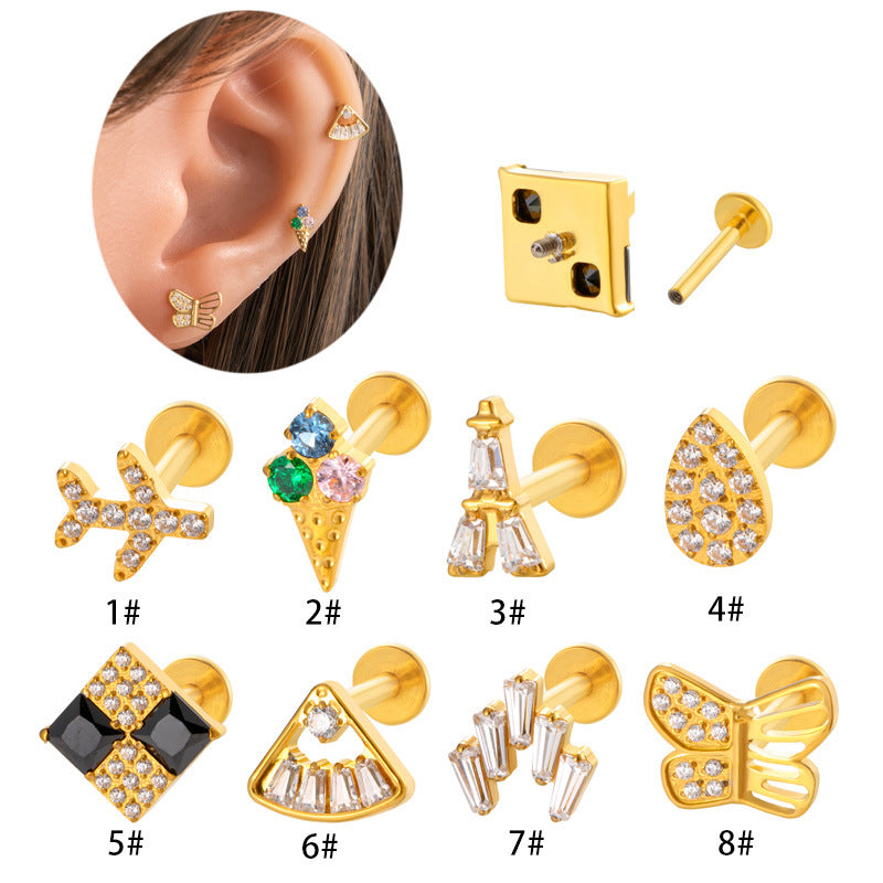 F136 Titanium Zircon Labret Studs | Internally Threaded Cartilage Piercing Jewelry in Gold & Silver