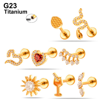 G23/F136 Titanium Heart & Snake Design Internally Threaded Lip Labret Studs | Zircon Piercing Jewelry for Cartilage, Helix, Tragus, and Lip