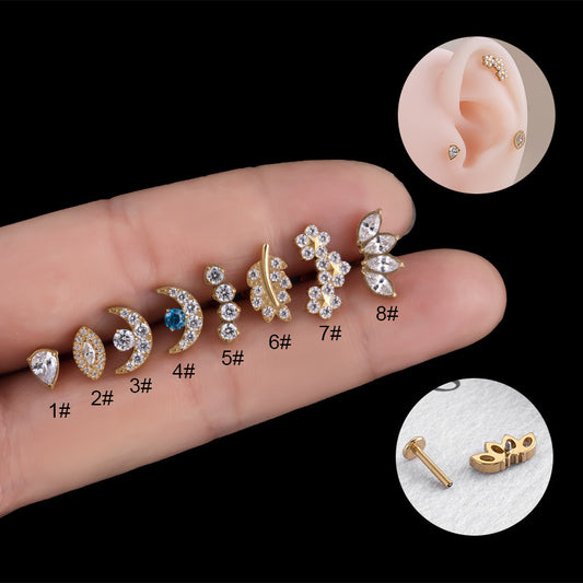 G23 Titanium Moon, Leaf & Flower CZ Studs for Cartilage Piercings | F136 Hypoallergenic Ear Bone Jewelry