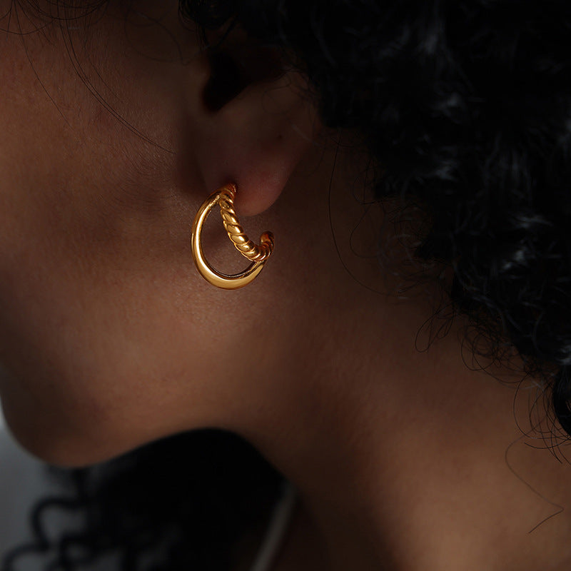 Double Layer C-Shaped Stainless Steel Hoop Earrings – Minimalist Thick Chunky Huggie Hoops for Women, Trendy Daily Jewelry