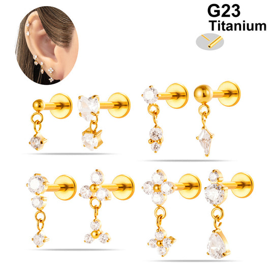 Implant Grade ASTM F136 Titanium Threadless Push Pin Zircon Geometric Flat Back Stud | Helix Cartilage Tragus Lip Piercing Jewelry