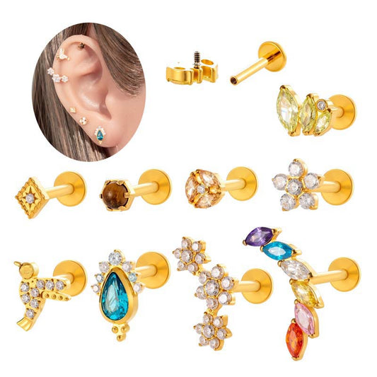 Titanium Threaded Piercing Stud – Hypoallergenic Flat Back Earring with Sparkling Zircon