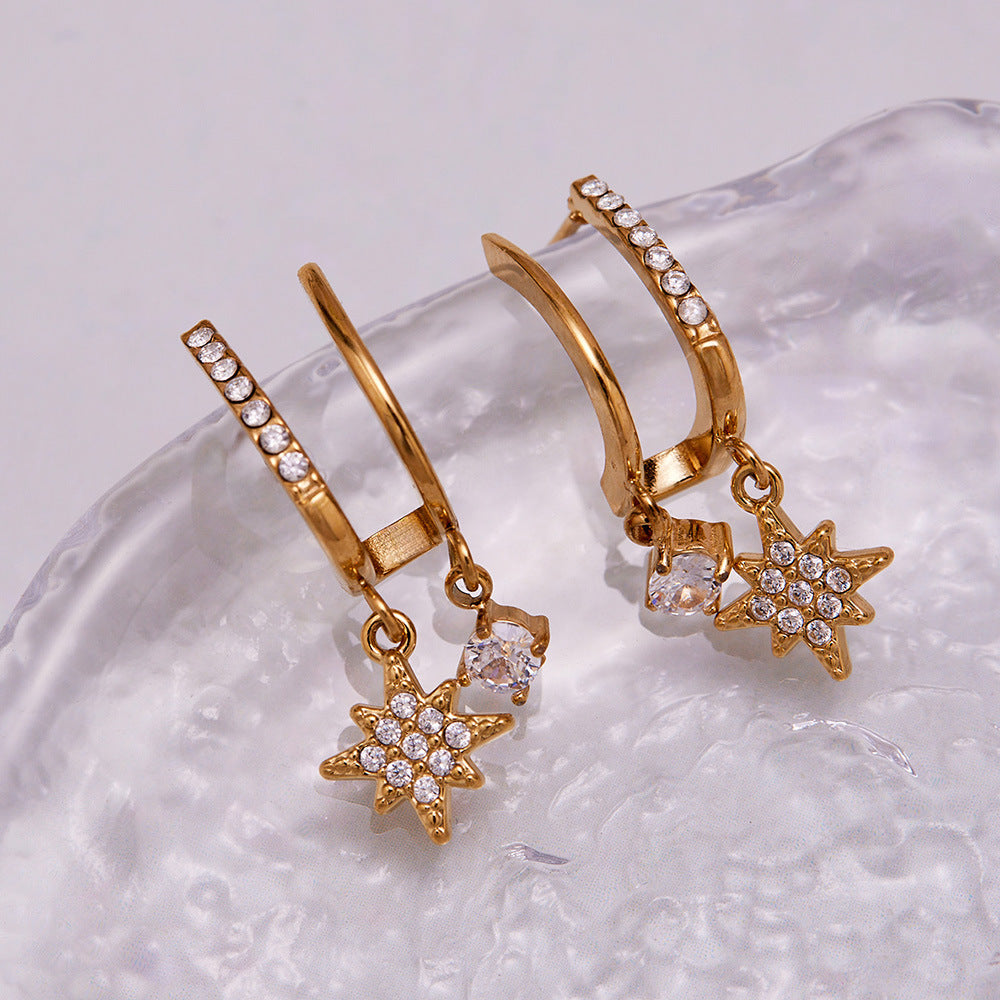 Eight-Pointed Star Zircon Earrings – Minimalist Geometric Stainless Steel Hoop Earrings | WANTI Jewelry