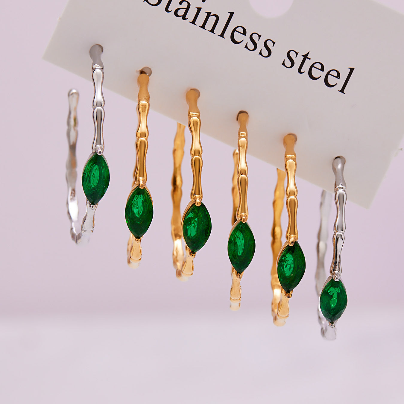 Geometric Bamboo C-Shaped Hoop Earrings with Glass Stone | Minimalist Stainless Steel Jewelry