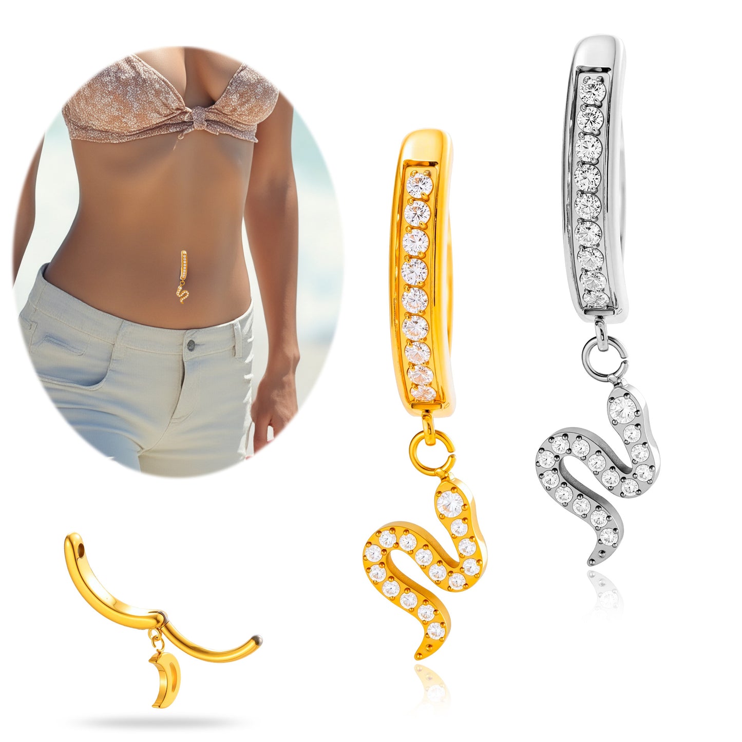 G23/F136 Titanium Snake Belly Button Ring – Zircon Dangle Navel Piercing Jewelry | Hypoallergenic Titanium Navel Barbell in Gold & Silver