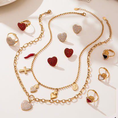 Stainless Steel Heart Jewelry Set – Zircon Heart Necklace, Earrings & Ring Set | Romantic Gift Set