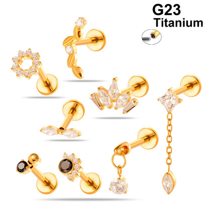 G23/F136 Titanium CZ Labret Studs | Internally Threaded Flat Back Lip & Cartilage Piercing Jewelry