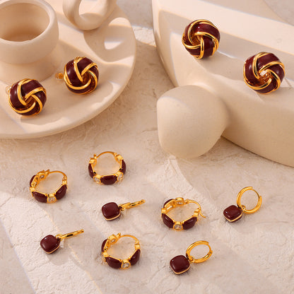 Vintage Weight Enamel Zircon Stud Earrings Set - Gold Stainless Steel Retro Jewelry