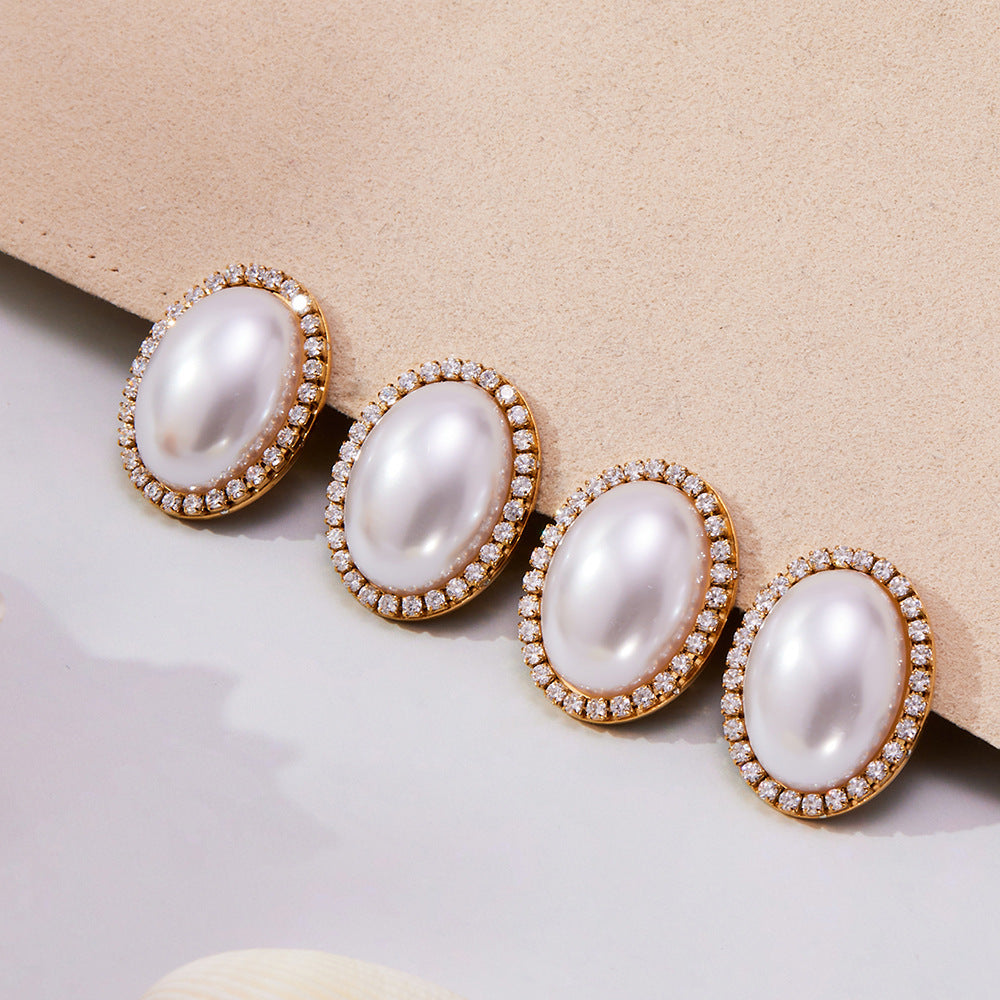 Stainless Steel Oval Pearl Zircon Earrings – Elegant Minimalist Drop Earrings for Women | High-End Fashion Jewelry