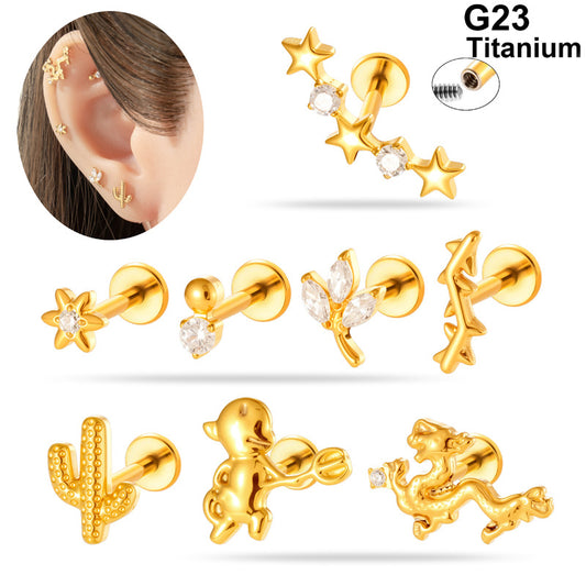 G23/F136 Titanium Internally Threaded Flat Back Lip Studs Cactus Star Flower Piercing Jewelry – Hypoallergenic Cartilage Earrings for Daily & Professional Use