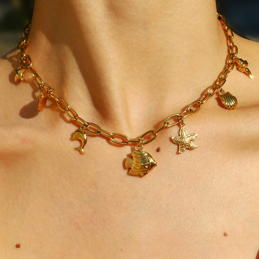 18K Gold Plated Titanium Steel Ocean-Inspired Starfish, Fish, Dolphin, Shell Pendant Necklace | Trendy Beach Jewelry
