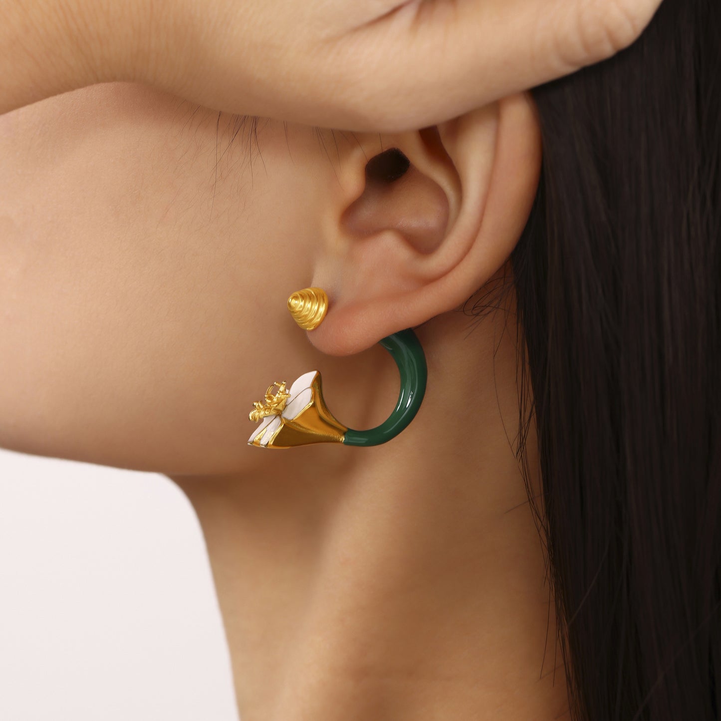 Enamel Camellia Screw Earrings – Elegant Double-Sided Stainless Steel Floral Earrings for Women