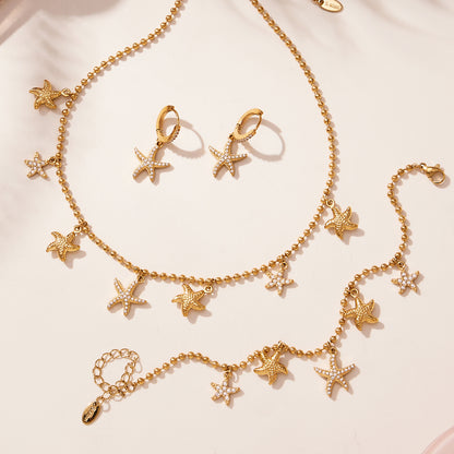 Ocean Starfish Jewelry Set – Stainless Steel Necklace, Bracelet, Earrings & Anklet | Beach Style Fashion Jewelry | Hypoallergenic Gift for Women