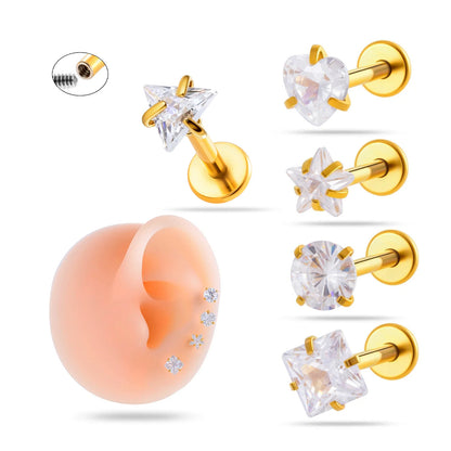ASTM F136 Titanium 3MM CZ Internally Threaded Labret Stud – Heart, Star, Triangle, Square & Round Cartilage & Lip Piercing Jewelry