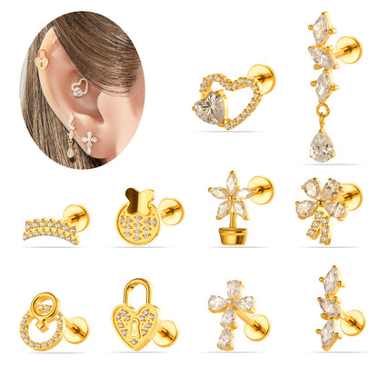 G23/F136 Titanium Internal Thread Lip & Cartilage Studs – Heart, Cross & 10 Classic Designs | Gold & Silver