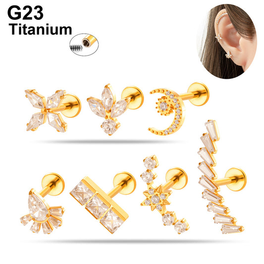 G23/F136 Titanium Zircon Piercing Studs | Internally Threaded Lip Labret & Cartilage Jewelry for Sensitive Skin