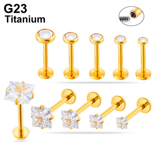 G23/F136 Titanium CZ Internally Threaded Flat-Back Cartilage Stud Earrings – Square, Round Series