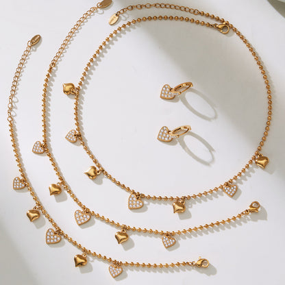 Hollow Heart Zircon Stainless Steel Necklace Bracelet Anklet Earrings – Minimalist Romantic Jewelry Set