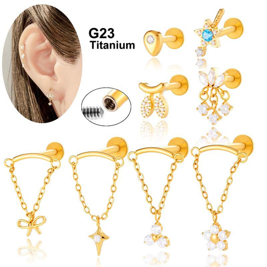 F136 Titanium Zirconia Chain Pendant Stud – Internally Threaded Flat-Back Cartilage Piercing Jewelry