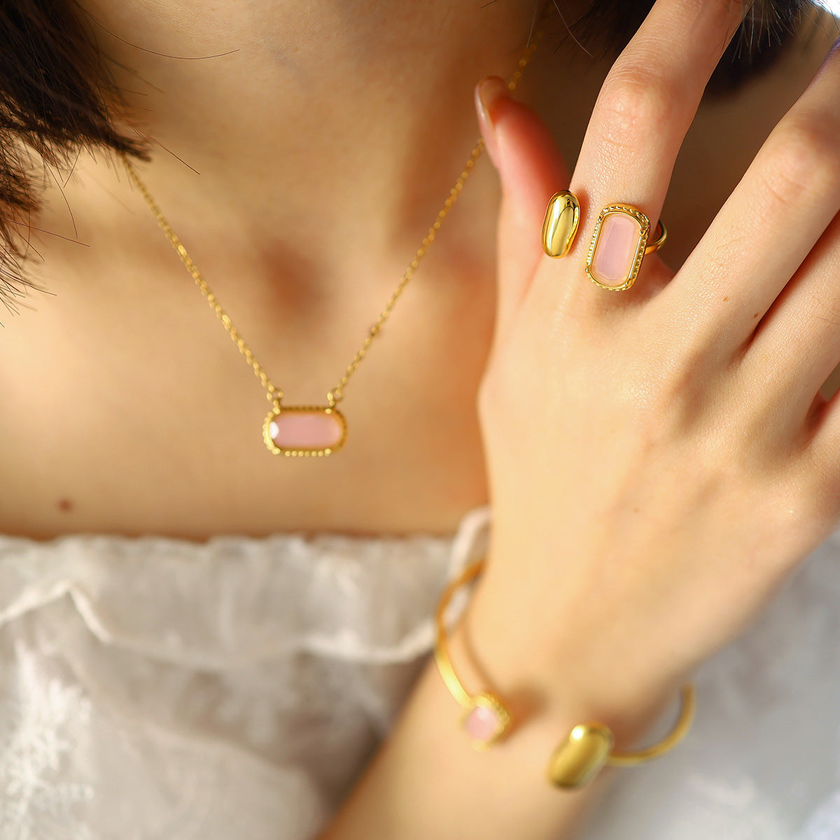 18K Gold Plated Stainless Steel Pink Zircon Jewelry — Bracelet / Ring / Pendant Necklace